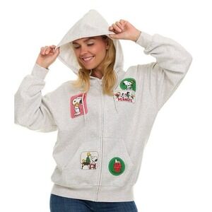 Peanuts Snoopy & Friends Women XL Christmas Full Zip Grey Hoodie Patches NEW